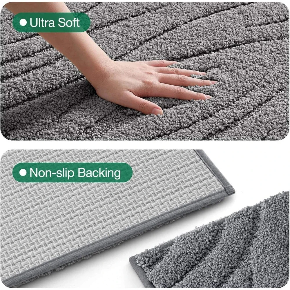 Grey Wavy Textured Microfiber Bath Mat Non-Slip Absorbent Rug 24x43in